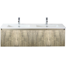 Umyvadlová skříňka se dvěma umyvadly a dřevěnou strukturou