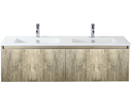 Souprava koupelnového nábytku Sanox Frozen 3D ŠxVxH 141 x 42 x 46 cm barva čela matně černá 2dílná s dvojitým keramickým umyvadlem Umyvadlová skříňka se dvěma umyvadly a dřevěnou strukturou