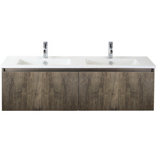 Umyvadlo se dvěma umyvadly a spodní skříňkou s dřevěnou strukturou