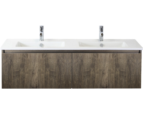 Souprava koupelnového nábytku Sanox Frozen 3D ŠxVxH 141 x 42 x 46 cm barva čela charleston 2dílná s dvojitým keramickým umyvadlem Umyvadlo se dvěma umyvadly a spodní skříňkou s dřevěnou strukturou