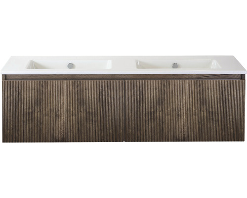 Souprava koupelnového nábytku Sanox Frozen 3D ŠxVxH 141 x 42 x 46 cm barva čela charleston 2dílná s dvojitým keramickým umyvadlem bez otvoru na kohout Skříňka pod umyvadlo s dvojitým umyvadlem a dřevěným dekorem