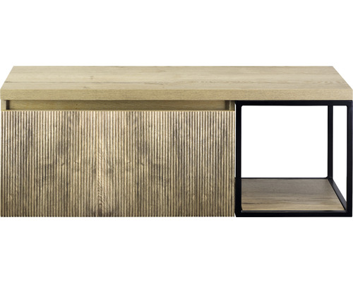 Moderní dřevěný konferenční stolek s úložným prostorem a kovovým rámem