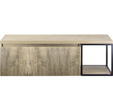 Světlá skříňka se zásuvkou a černým kovovým rámem