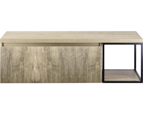 Světlá skříňka se zásuvkou a černým kovovým rámem