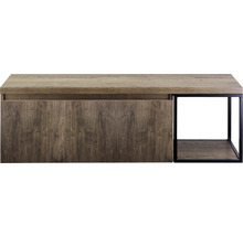 TV stolek s dřevěnou deskou, rýhovanou přední stranou a otevřenou přihrádkou s černým rámem