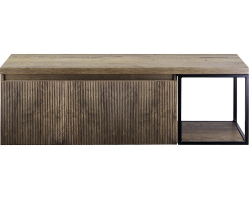 TV stolek s dřevěnou deskou, rýhovanou přední stranou a otevřenou přihrádkou s černým rámem