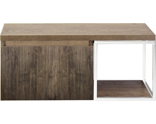 Konferenční stolek s dřevěnou deskou, dřevěnou strukturou a kovovým rámem