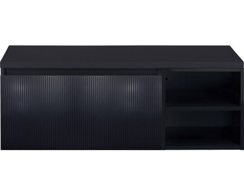 Tmavě modrá skříňka pod umyvadlo s posuvnými dveřmi a dvěma policemi