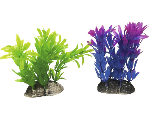 Dvě umělé akvarijní rostliny na kamenném podstavci