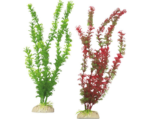 Dvě imitace rostlin do akvária s plastovým podstavcem