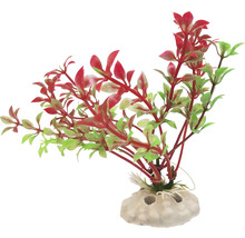 Dekorativní umělá akvarijní rostlina s červenými a zelenými listy na podstavci