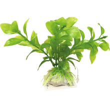 Umělá akvarijní rostlina se zelenými listy a kamennou základnou