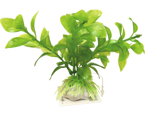 Umělá akvarijní rostlina se zelenými listy a kamennou základnou