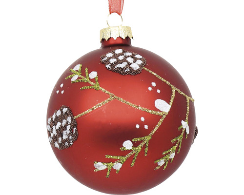 Vánoční ozdoba skleněná koule se šiškami Ø 8 cm červená Vánoční ozdoba s motivem šišky