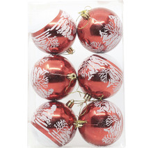 Šest červených vánočních koulí s motivem stromu v balení