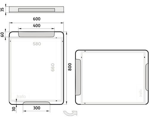 Technický nákres zrcadla s rozměry