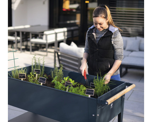 Žena pracuje na zahradním záhonu s bylinkami venku