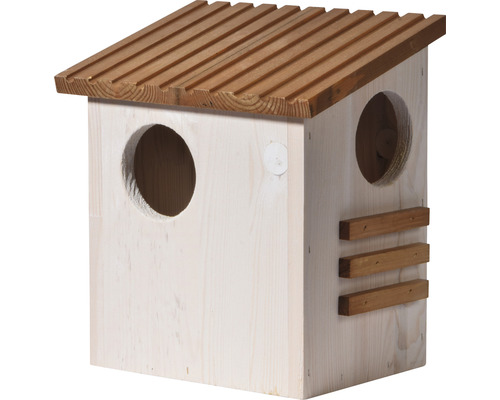 Dřevěný ptačí budka se dvěma vletovými otvory a střechou
