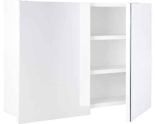 Bílá zrcadlová skříňka se dvěma dvířky a vnitřními policemi do koupelny