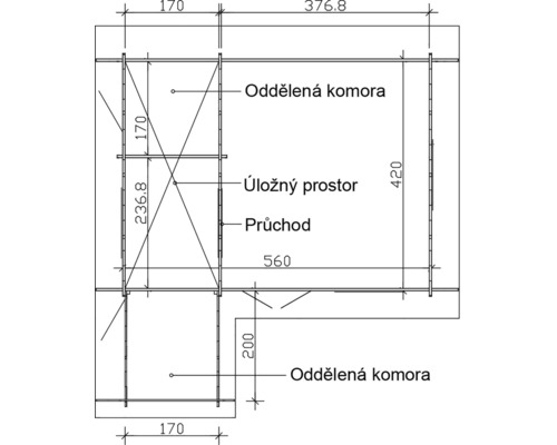 Technický výkres zahradního domku s rozměry a popisem komory, úložného prostoru a průchodu