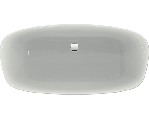 Pohled shora na obdélníkové keramické umyvadlo na desku s odtokovou armaturou