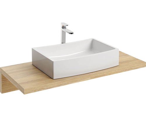 Umyvadlo na desku s baterií na dřevěné polici