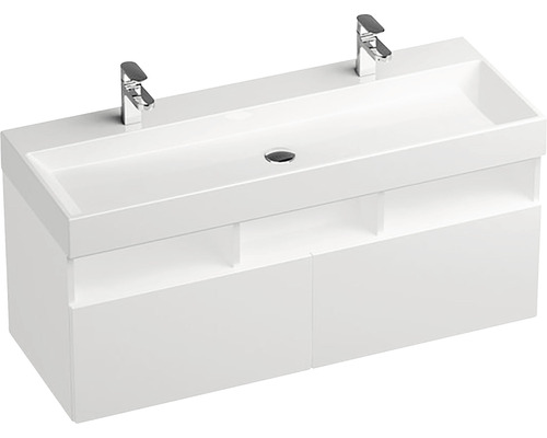 Dvojité umyvadlo se skříňkou a dvěma vodovodními bateriemi