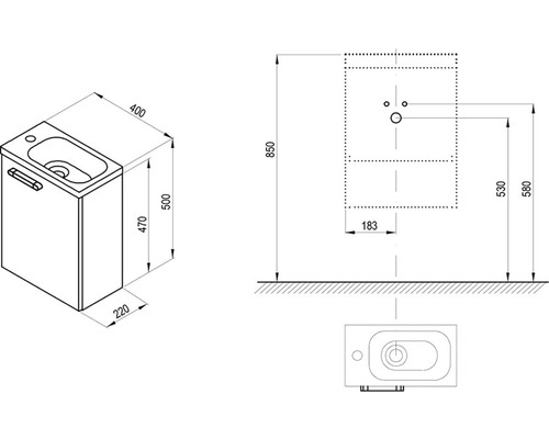 Technický nákres skříňky pod umyvadlo s rozměry