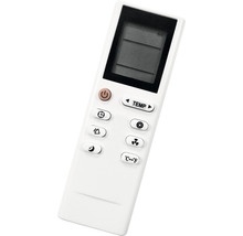 Bílé dálkové ovládání klimatizace s LCD displejem a různými tlačítky pro ovládání teploty a dalších funkcí.