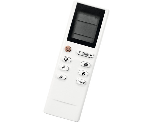 Bílé dálkové ovládání klimatizace s LCD displejem a různými tlačítky pro ovládání teploty a dalších funkcí.