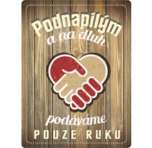 Ozdobná cedule se symbolem stisku ruky na dřevěném pozadí
