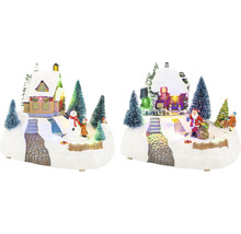 Dekorativní vánoční krajina s domem, sněhulákem, stromy a Santa Clausem