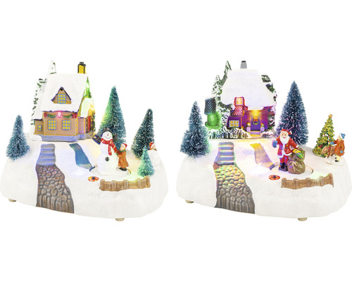 Dekorativní vánoční krajina s domem, sněhulákem, stromy a Santa Clausem