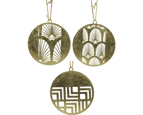 Dekorace železná Tři kulaté, zlatavé ozdobné závěsy s různými vzory a věšáky