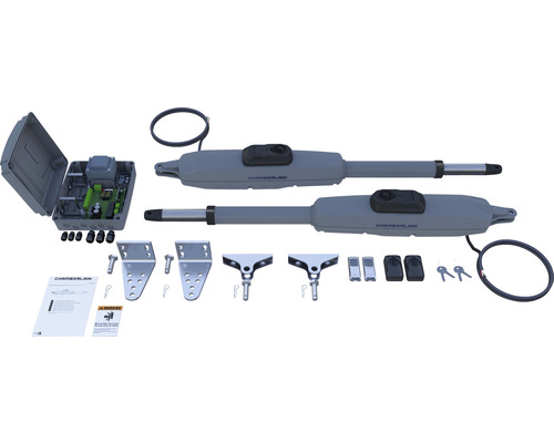 Sada pohonu křídlových vrat Chamberlain s řízením, dvěma pohony, ručními vysílači a montážním příslušenstvím