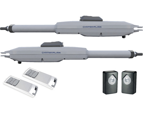 Sada pohonu křídlových vrat Chamberlain se dvěma pohony, dvěma ručními vysílači a fotobuňkami