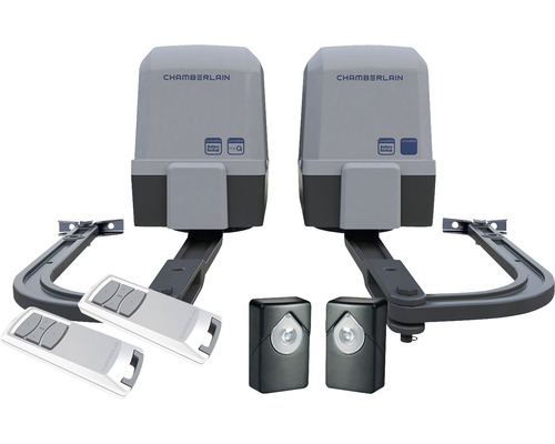 Dva pohony garážových vrat Chamberlain se dvěma ručními vysílači a světelnými závorami