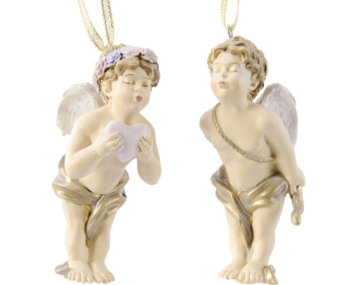 Dekorace závěsný anděl polyresin, různé druhy Dva andělské přívěsky se zlatými závěsy, jeden drží srdce.