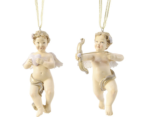 Anděl závěsný polyresin, různé druhy Dva andělské přívěsky se srdcem a šípem a lukem