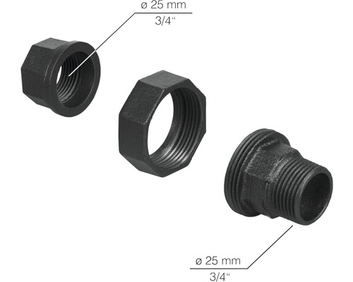 Tři tvarovky z temperované litiny o průměru 25 mm a palcové hodnotě 3/4.