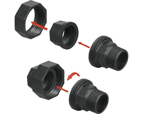 Obrázek temperované litinové šroubové spojky se šipkami pro montážní návod