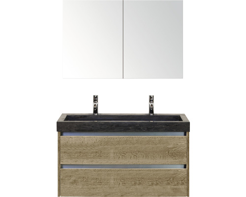 Koupelnový nábytkový set Sanox Dante barva čela dub ŠxVxH 101 x 170 x 45,5 cm s umyvadlem z přírodního kamene a zrcadlovou skříňkou
