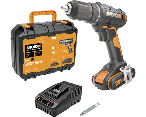 Aku vrtací šroubovák Worx WX108.3, 20V, včetně akumulátoru (2,5 Ah) a nabíječky Sada akumulátorového vrtacího šroubováku s akumulátorem, nabíječkou, bitem a kufříkem