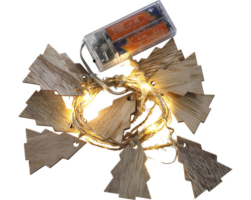 Světelný řetěz s ozdobami Lafiora dřevěné stromy 150 cm 15 LED, teplé bílé světlo Světelný řetěz s dřevěnými přívěsky ve tvaru vánočního stromku a provozem na baterie