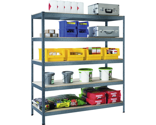 Šedý regál pro velké zatížení s pěti policemi, plně zásobený