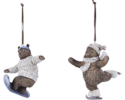 Medvěd závěsný, různé druhy Dvě figurky medvědů jako ozdoby na stromeček: jeden medvěd na snowboardu a jeden bruslící medvěd