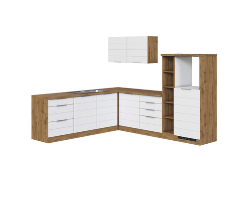 Rohová kuchyně s bílými zásuvkami a závěsnou skříňkou