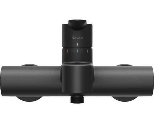 Logo Ravak na černé sprchové baterii pro montáž na stěnu
