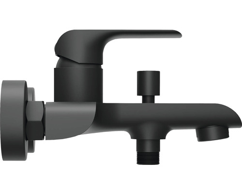 Černá nástěnná výtoková armatura pro umyvadlo nebo dřez.