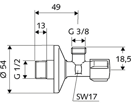 Technický výkres rohového regulačního ventilu s rozměry